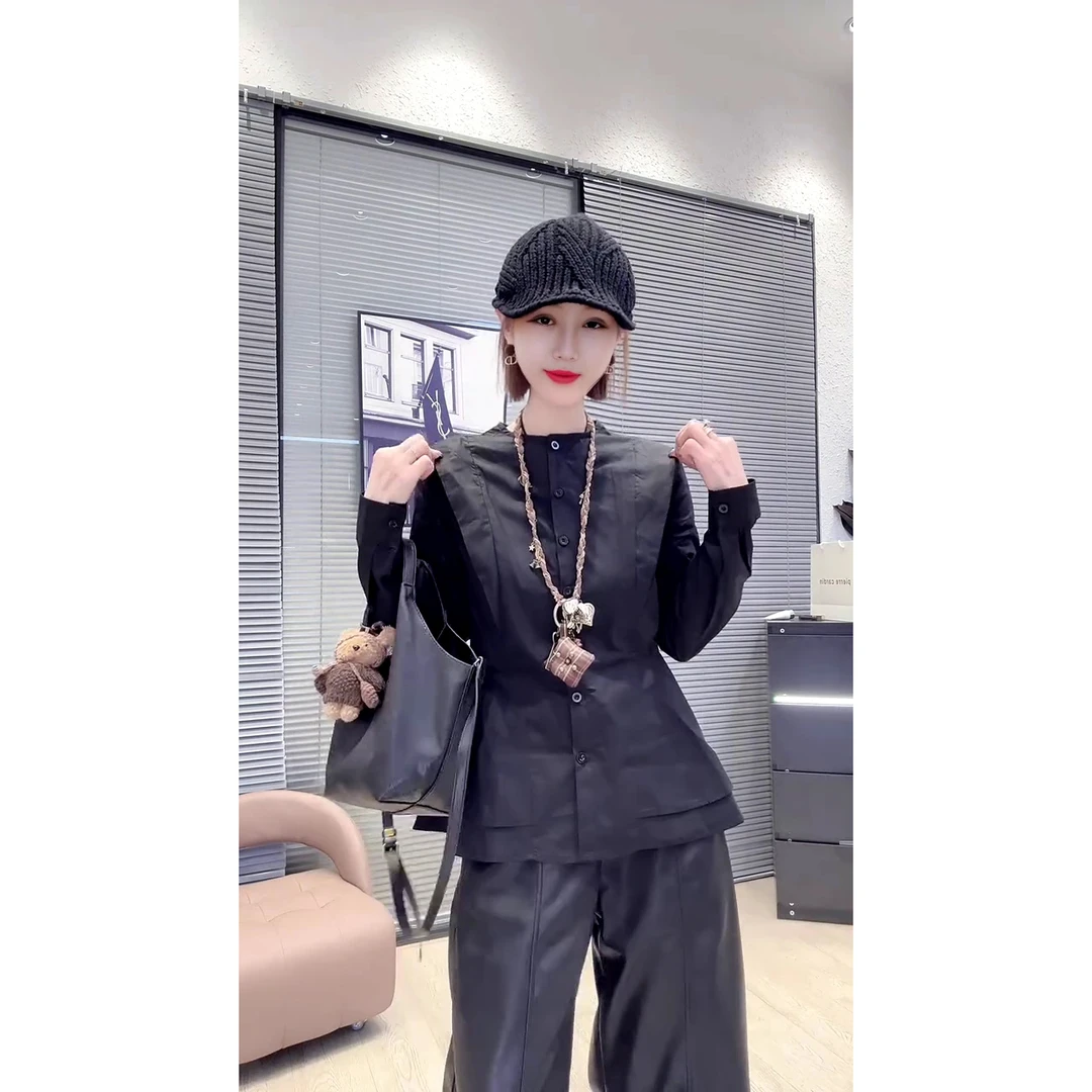 韩系小蛮腰荷叶边下摆长袖衬衫冬季新款显瘦百搭气质圆领衬衣