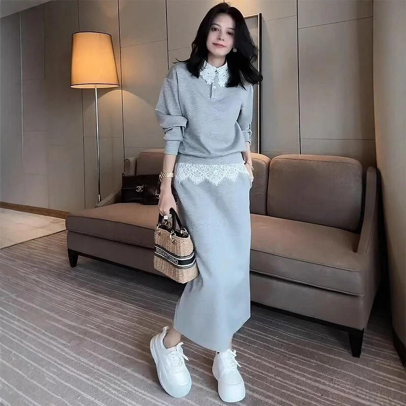 蕾丝拼接宽松显瘦洋气上衣半身裙两件套气质长袖运动针织时尚休闲