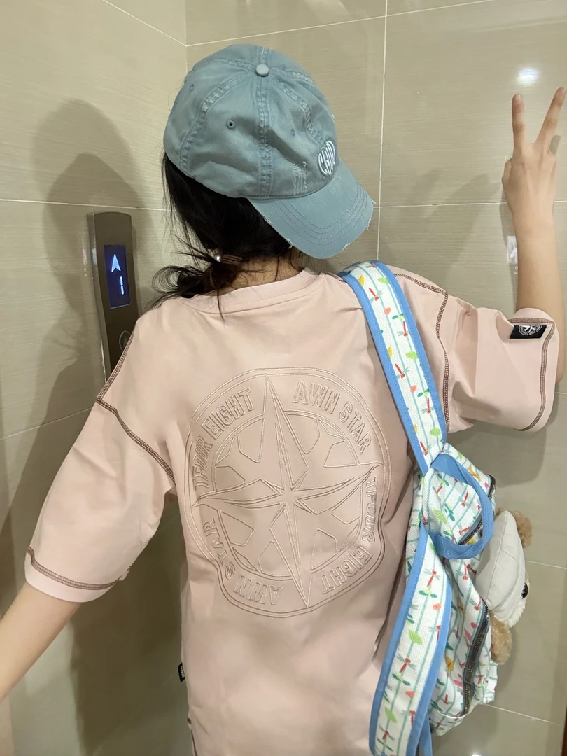 美式学院风小个子粉色刺绣短袖T恤女夏季新款设计感oversize上衣