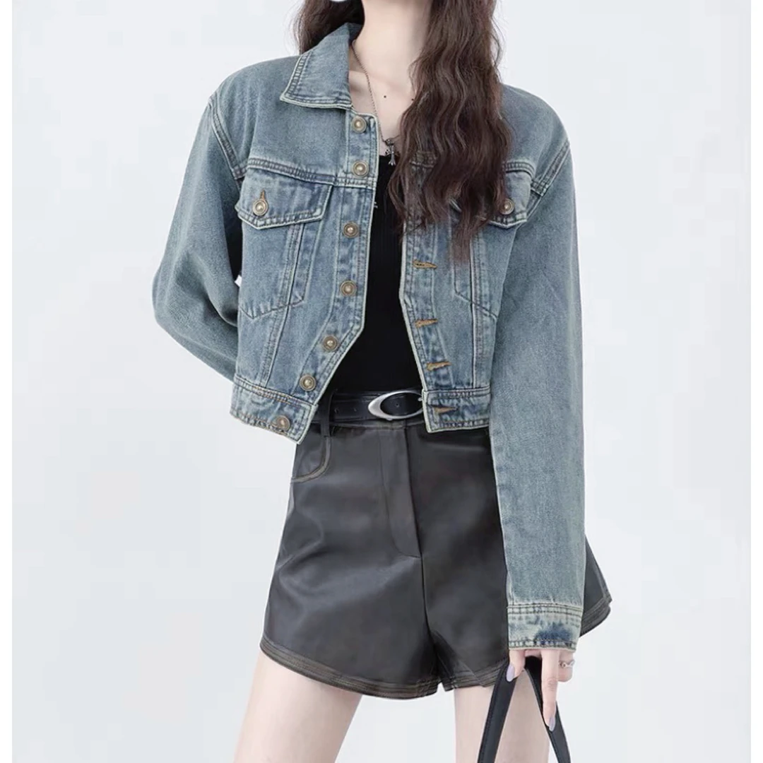 83 复古蓝不规则设计简约时尚百搭牛仔外套