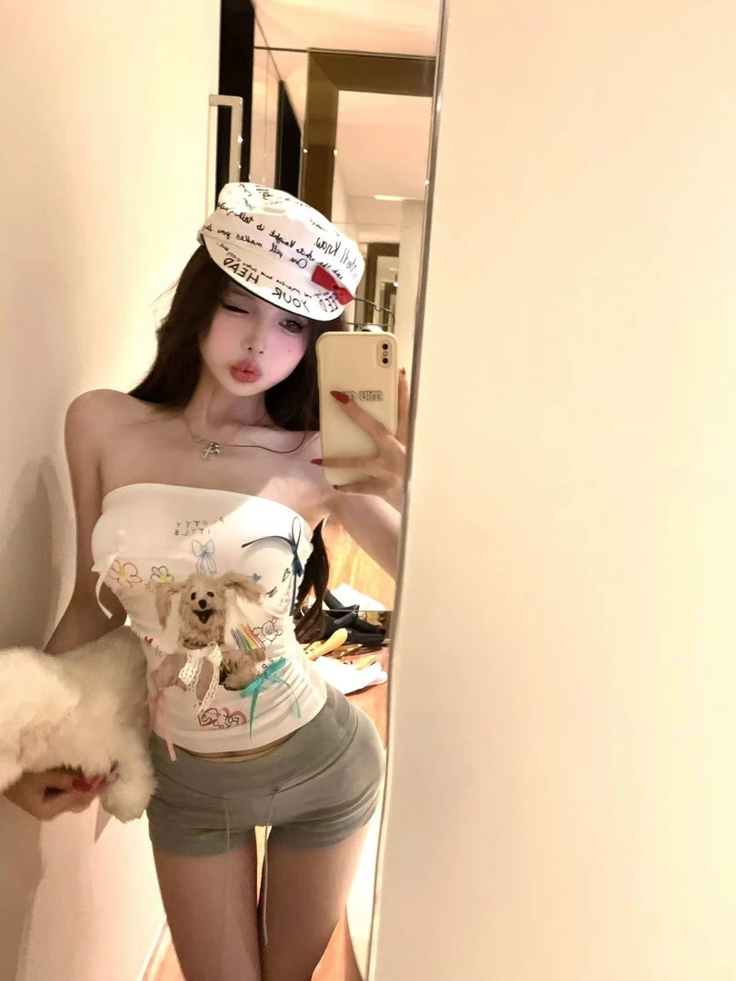 kumikumi性感辣妹小狗印花抹胸背心女装夏季小众别致显瘦外穿上衣