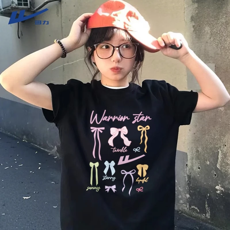 回力黑色短袖女t恤2025新款夏季纯棉宽松体恤小个子独特漂亮半袖