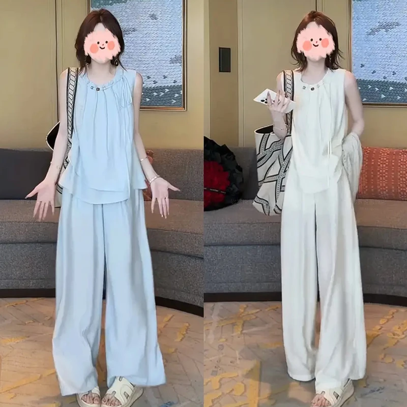 纯欲慵懒风女装新款度假风设计感无袖上衣显瘦薄款透气休闲裤套装