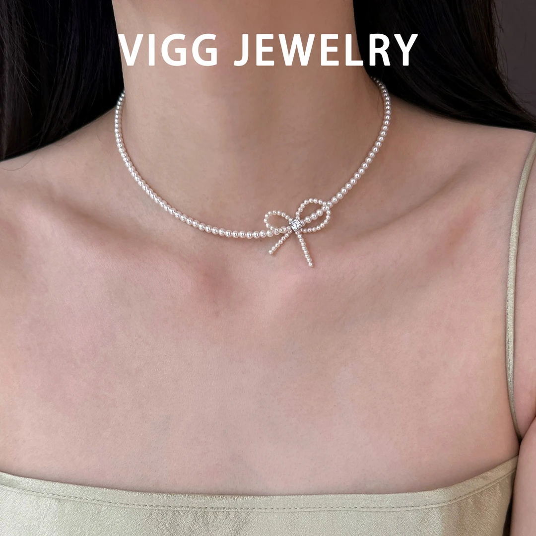 VIGG 非金属仿珍珠项链 蝴蝶结项链 锁骨链小众气质温柔