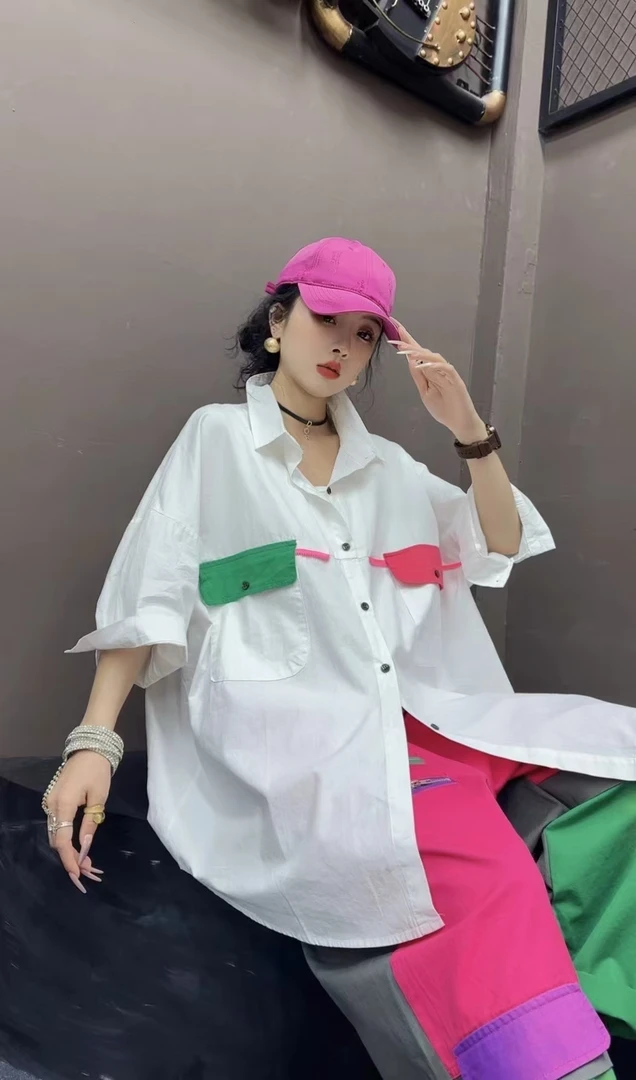 2025女士夏季时尚百搭宽松拼色休闲大版衬衫