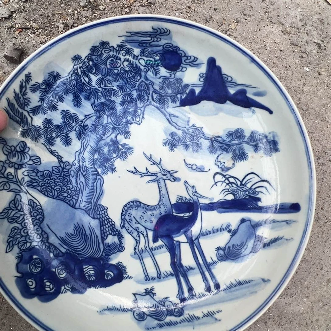 瓷片景德镇陶瓷青花仙鹿盘一只