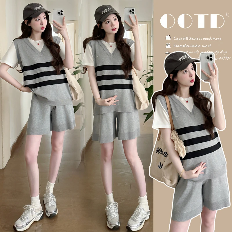 孕妇装夏季针织休闲运动套装假两件宽松条纹短裤两件套显瘦小个子