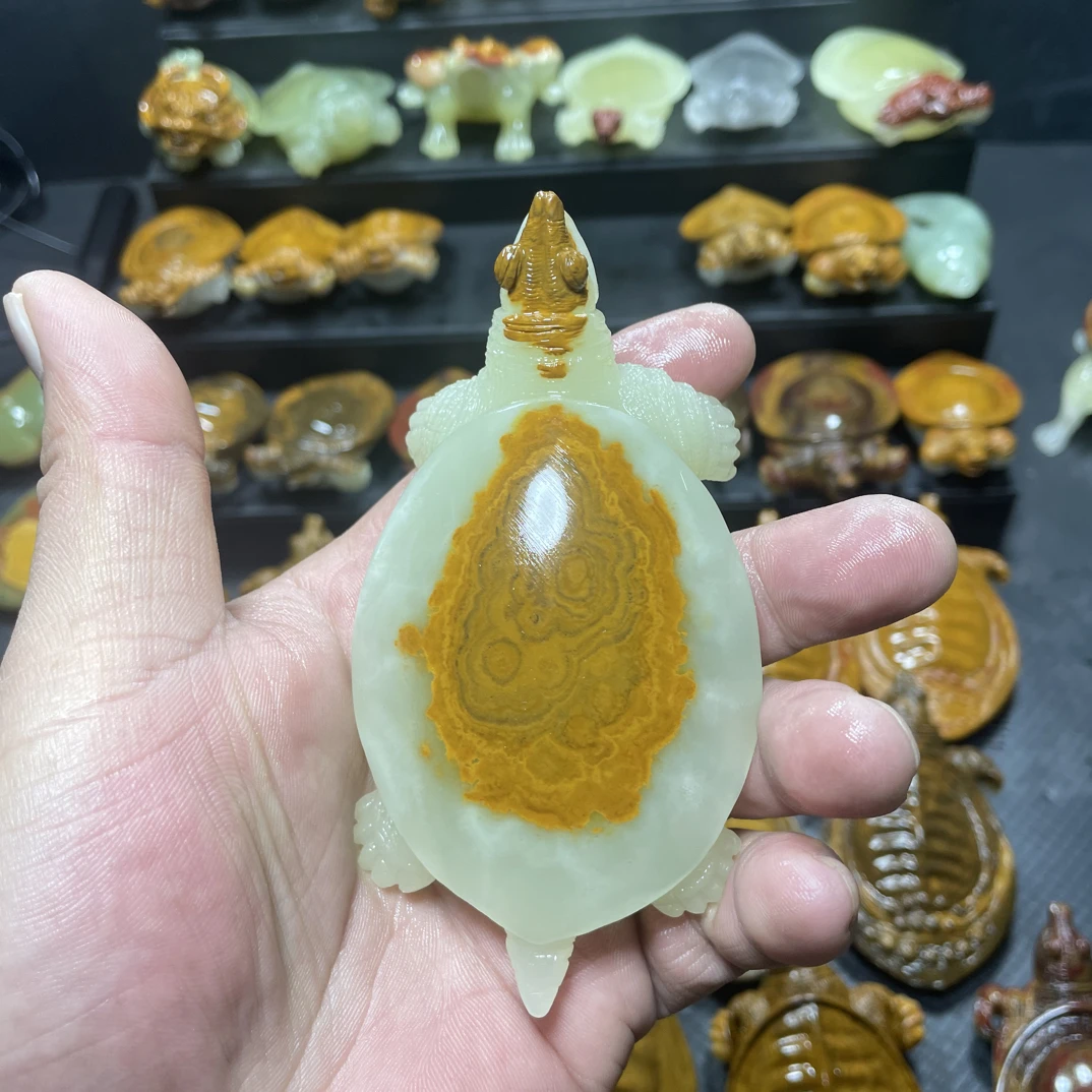 中东地区浅青黄皮手工雕刻甲鱼手把件摆件茶宠
