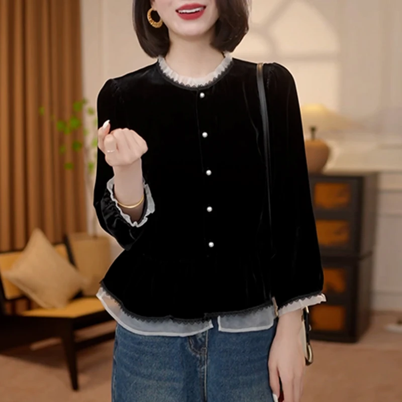 新中式国风荷叶边收腰打褶花边长袖衬衫女2025年秋季新款时尚衣服