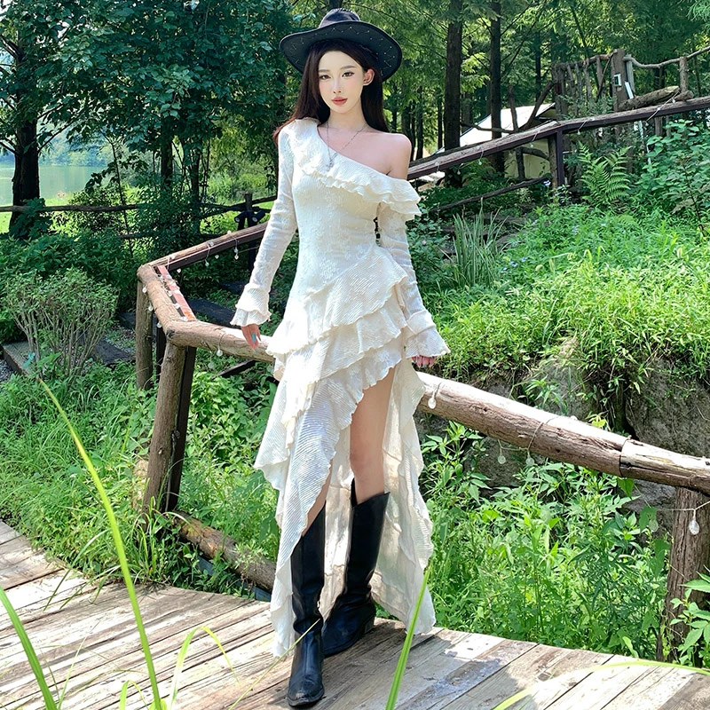 千禧风性感辣妹斜肩长袖连衣裙不规则修身显瘦中长裙