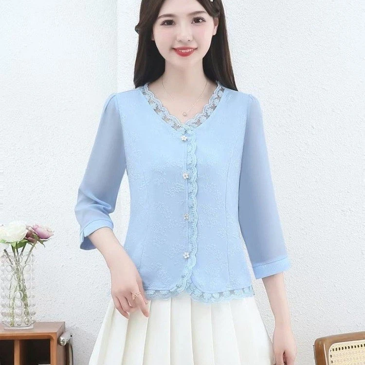 韩版蕾丝拼接短袖雪纺衫女2025夏季新款洋气V领小衫女士夏装上衣