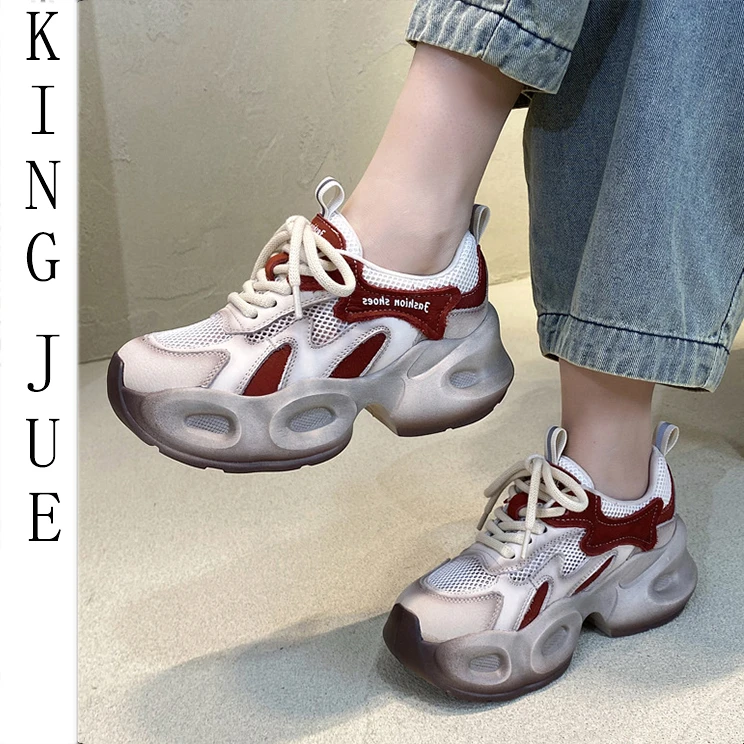 【王爵】头层牛皮厚底老爹鞋女透气网面系带休闲鞋夏季新款真皮网鞋