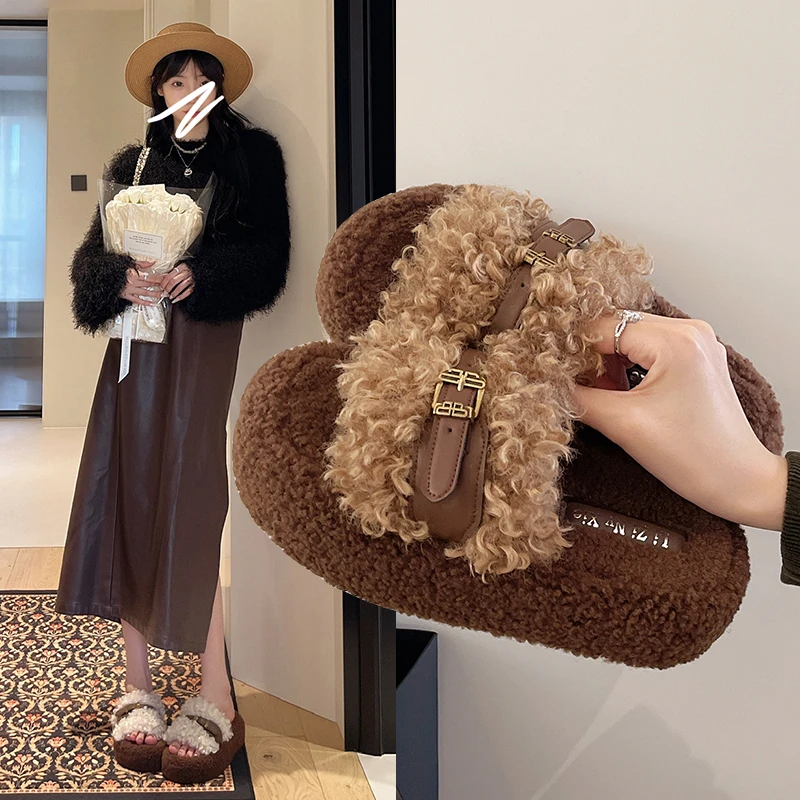 网红时尚棕色爆款毛毛拖鞋女冬外穿2025新款ins潮厚底休闲一字拖
