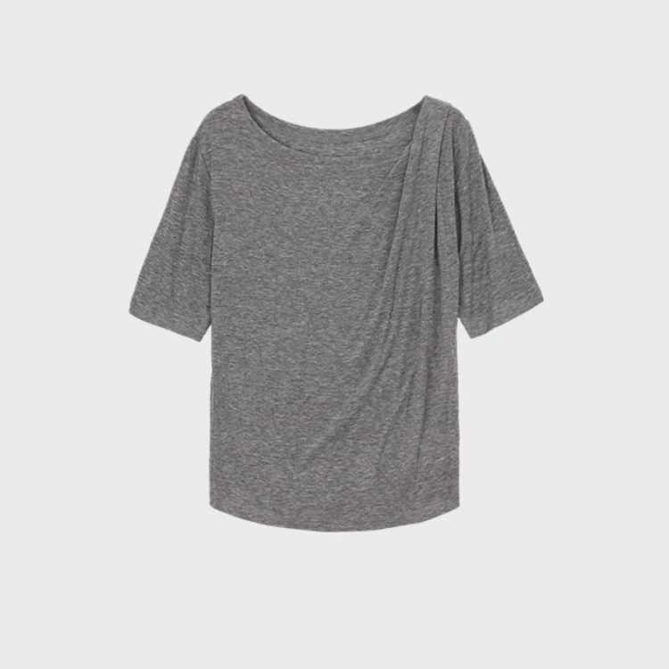 【上班女郎标配天丝羊毛T】法式气质优雅荡领扭肩褶皱T恤W23BA6013