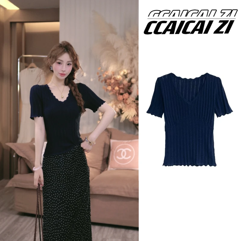 [no退no换] CCA313【休闲日记】夏季百搭V领纯色花边短袖上衣