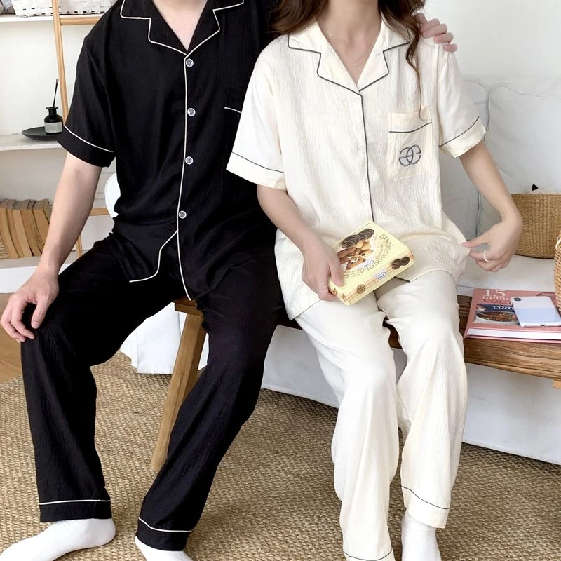 夏季新款睡衣情侣云朵棉翻领开衫短袖长裤简约舒适家居服春秋套装