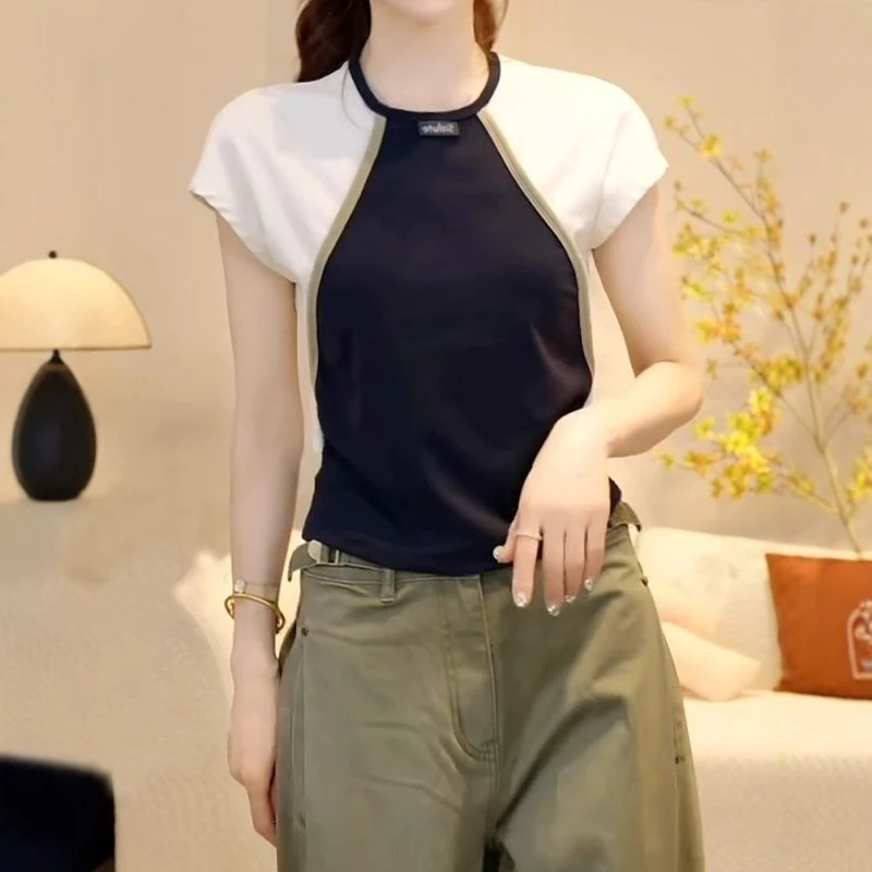 2025夏季新款灰色撞色正肩短袖t恤女显瘦高级感上衣多巴胺服装女