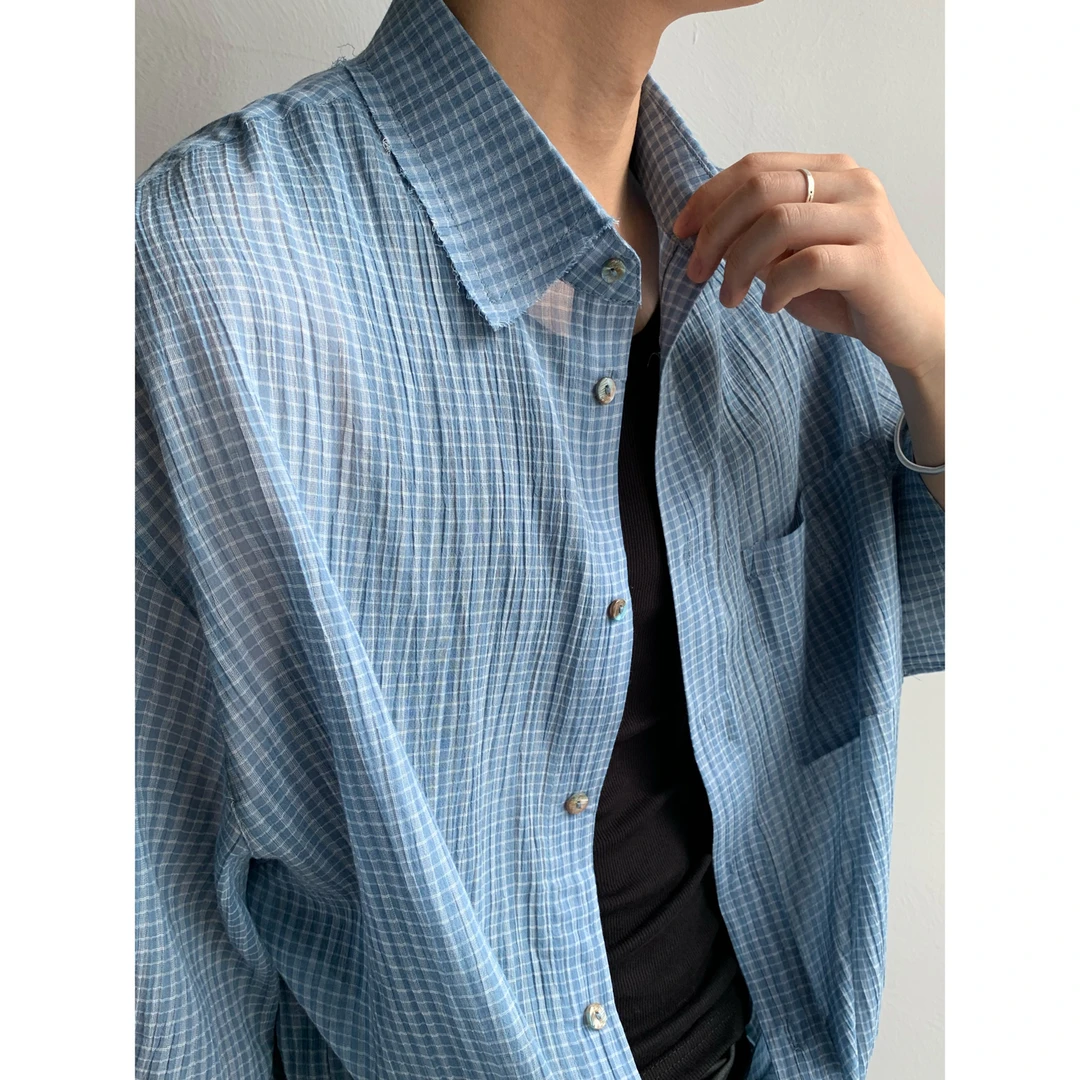 dannyandzee夏季复古百搭细格子薄款廓形棉宽松短袖衬衫男ins 735