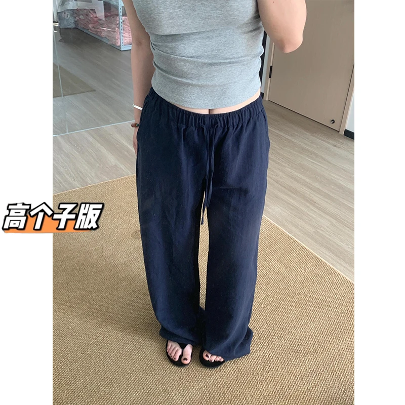 裤长112cm高个子175加长藏青色亚麻休闲裤女夏季薄款慵懒阔腿裤子