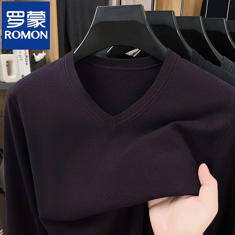 罗蒙2025男士鸡心领保暖针织衫秋冬季休闲V领毛衣加绒时尚打底衫