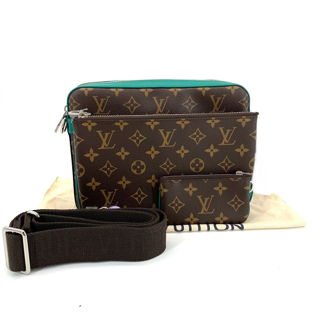 99新 LouisVuitton/路易威登 棕老花拼绿色三合一斜挎包 尺25/18
