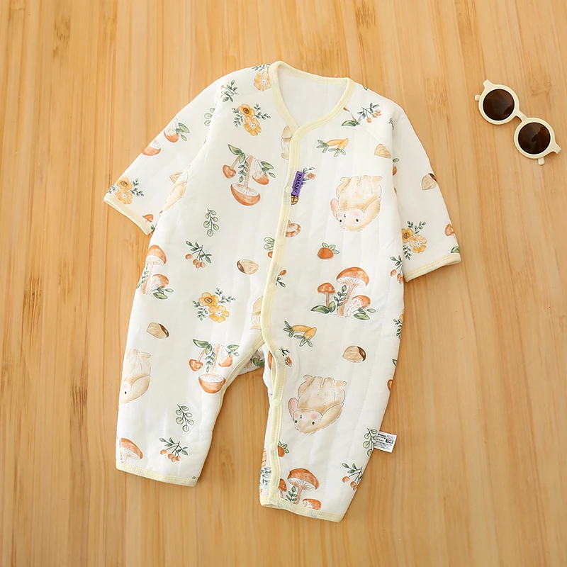 蘑菇小兔薄棉连体衣宝宝婴儿无骨爬服睡衣连身衣婴儿加厚连体衣