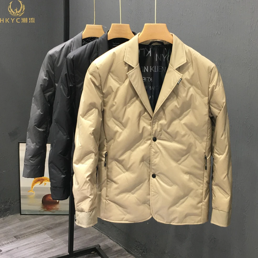 HKYC男士时尚压印羽绒服轻薄韩版修身男装商务休闲西装冬季小外套