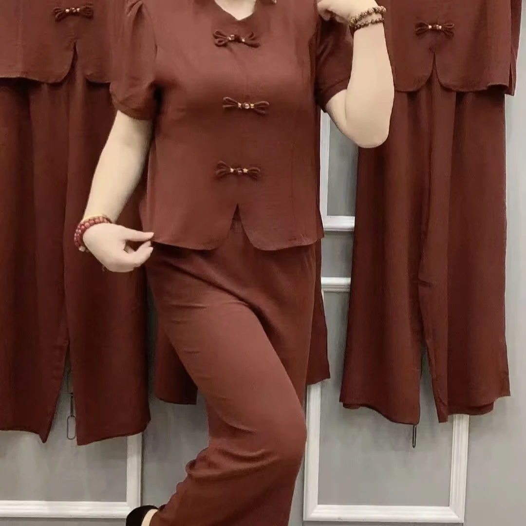 夏季套装2025新款高档时尚短袖纯色两件套气质减龄休闲盘扣妈妈装