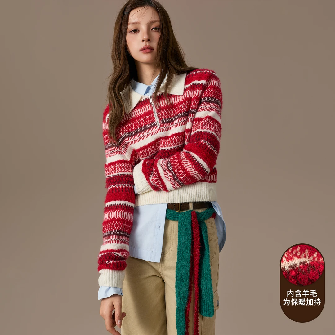 CHUU冬季女装翻领学院风穿搭撞色条纹韩系甜辣风百搭针织衫