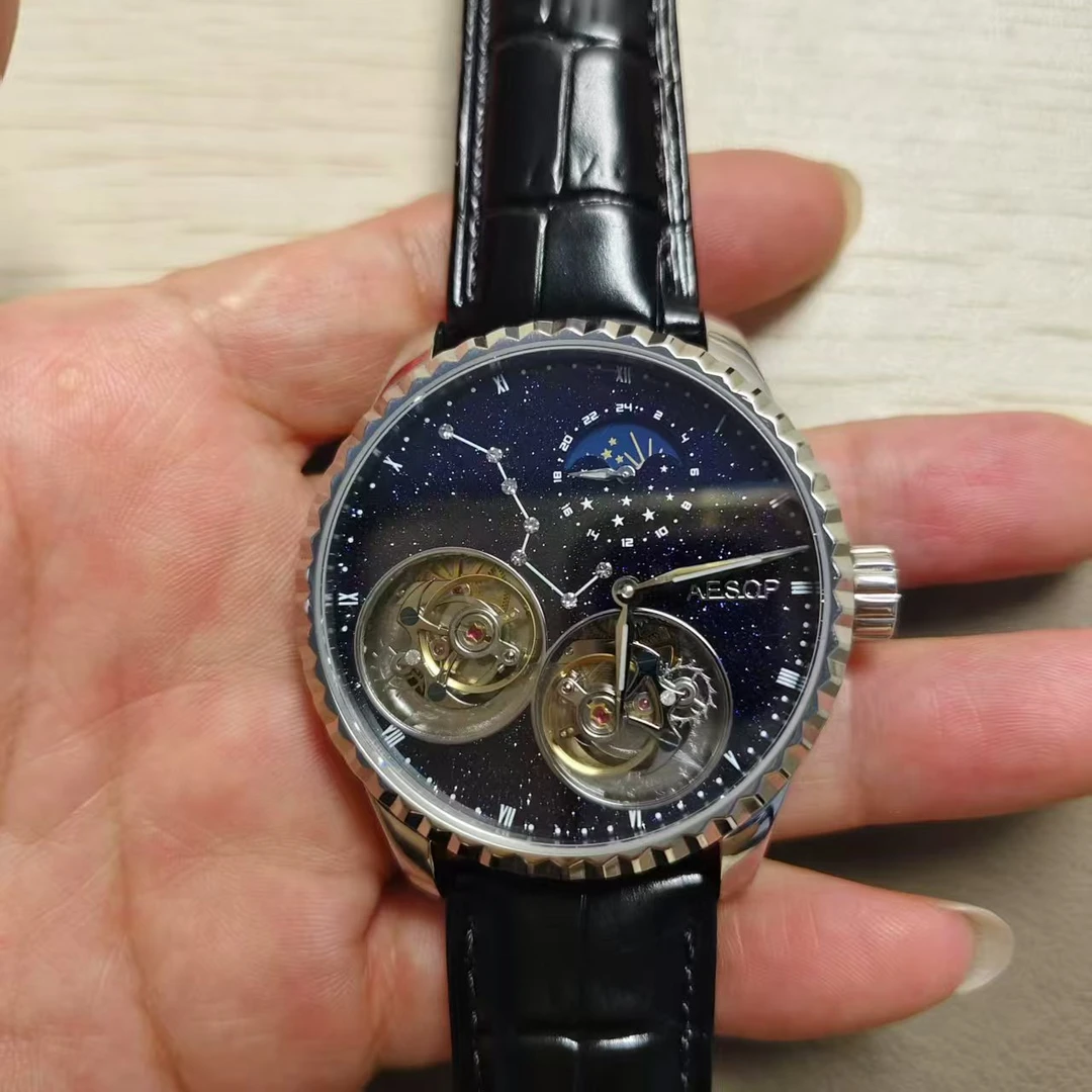 AESOP/伊索正品双偏心陀飞轮机械表七星真钻蓝金砂盘夜光男士轻奢