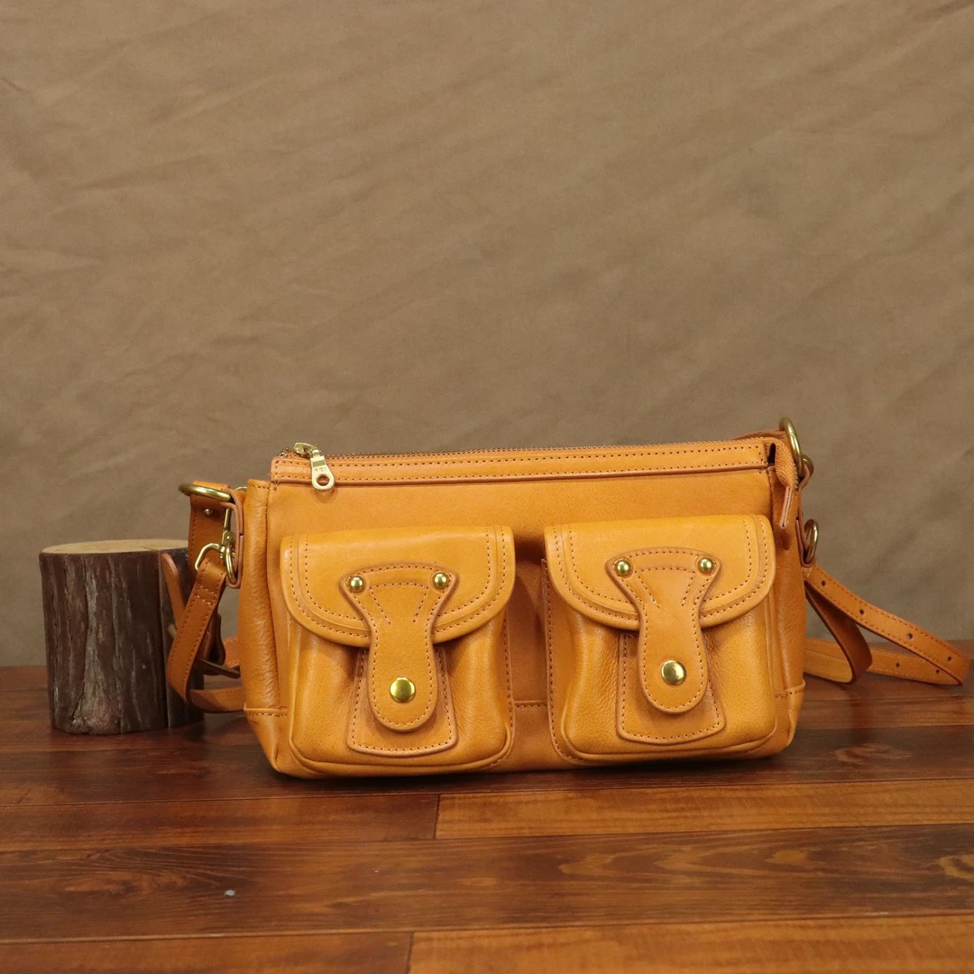 头层植鞣牛皮真皮腋下斜跨法棍机车两条肩带带斜跨腋下包