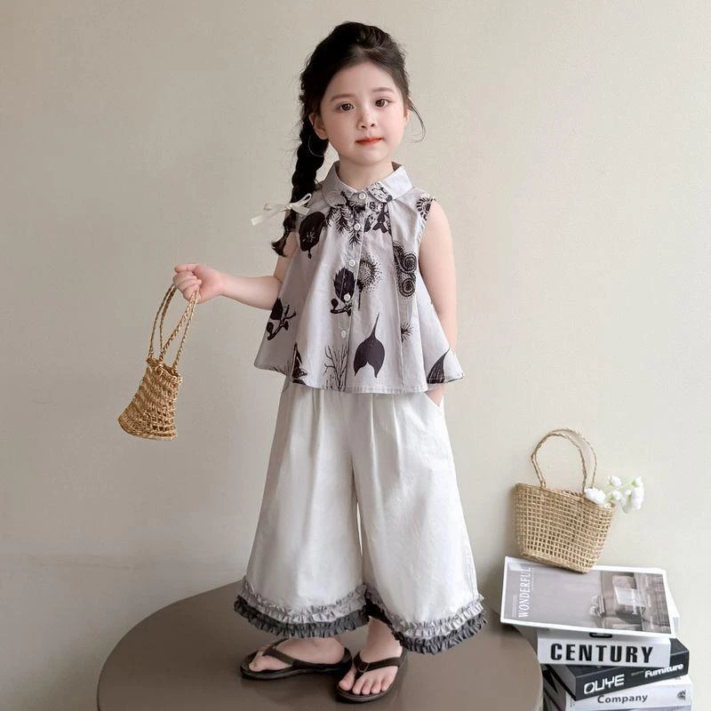 女童夏装套装新款夏季洋气儿童背心宝宝衬衫阔腿九分裤两件套