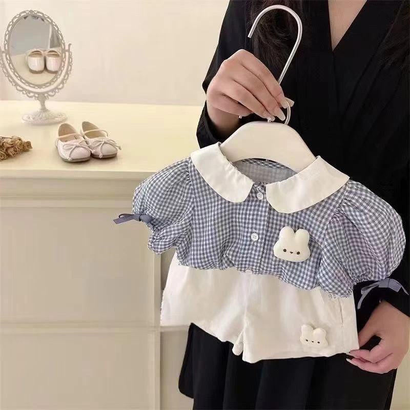 女宝宝夏装娃娃衫小兔子短裤套装女童格子泡泡袖衬衫夏天衣服