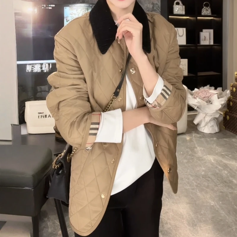 美式复古菱格棉服棉衣女2025秋冬新款慵懒松驰感休闲显瘦翻领上衣