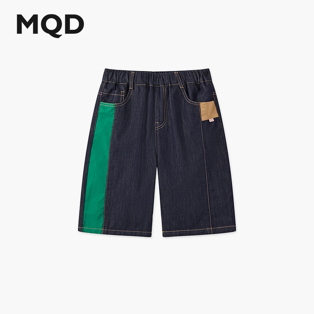 MQD童装25夏季学院风新品撞色拼接不对称牛仔五分裤9652W1429