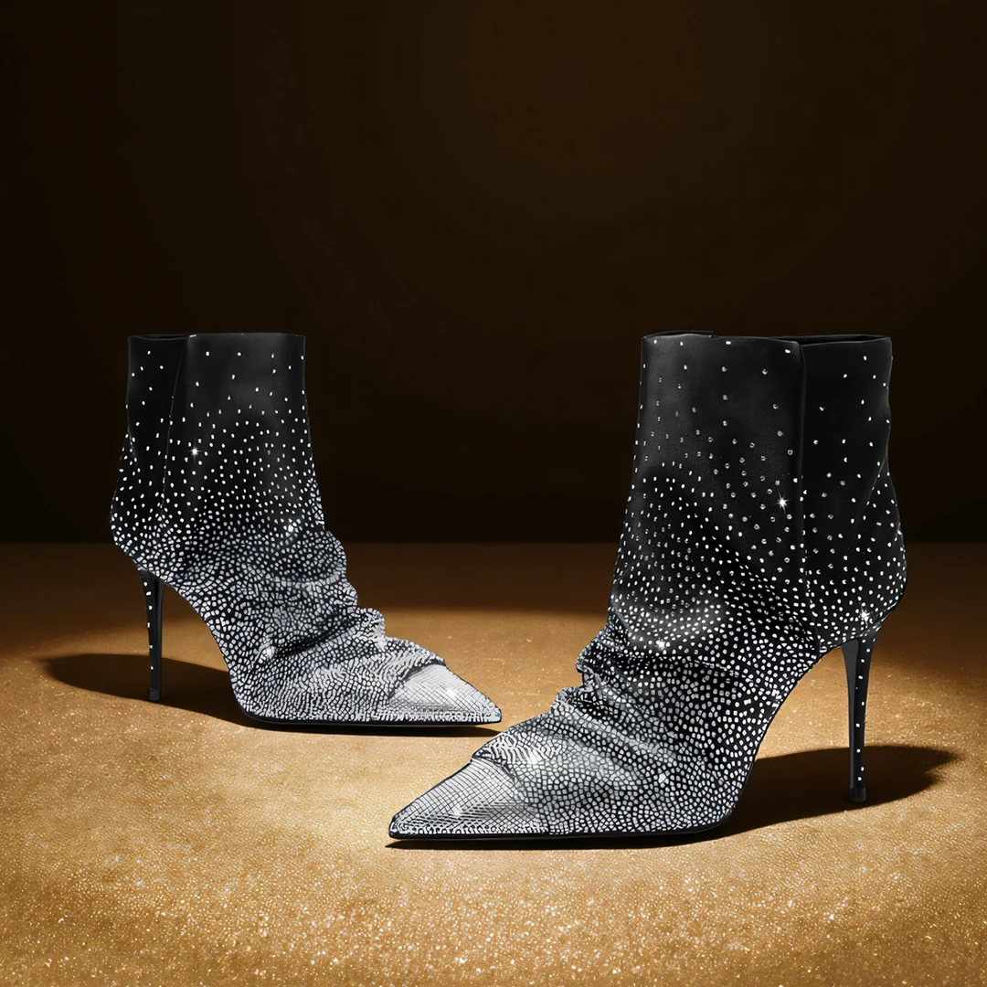 HOOV A/W小众原创渐变水钻高跟靴子女2025新款尖头细跟褶皱小短靴