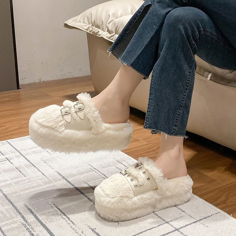 2025秋冬季毛毛拖鞋女外穿厚底淑女ins包头半拖鞋新款皮带扣棉拖