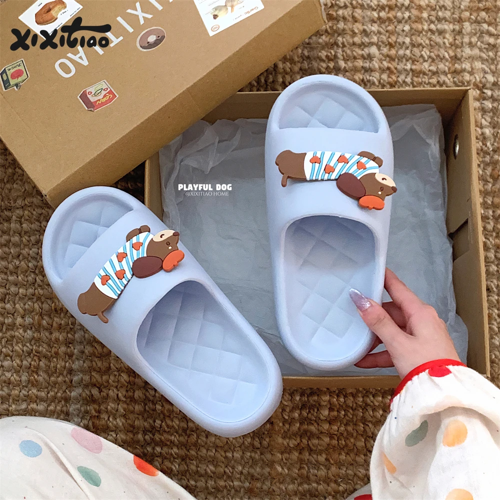细细条 少女心腊肠狗情侣菱格拖鞋夏eva居家防滑浴室防臭凉拖男女