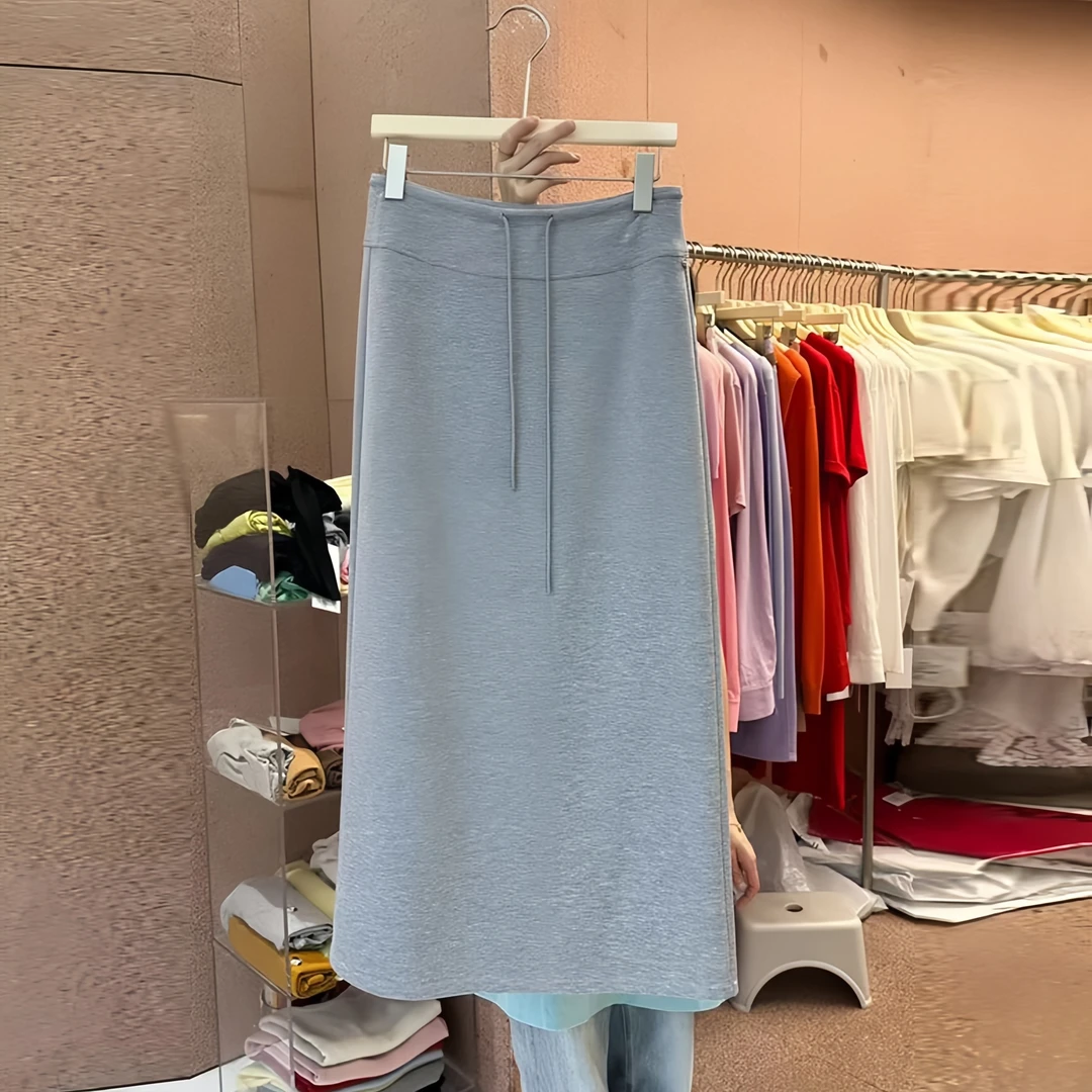 懒人休闲风高腰抽绳半身裙女2025夏休闲百搭显瘦显腿长直筒中长裙