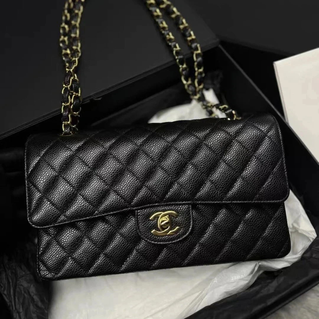 未使用 Chanel/香奈儿 黑金CF中号 芯片款 荔枝牛皮 经典链条包
