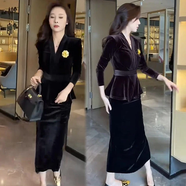 气质优雅时尚高级感金丝绒套装女秋季收腰显瘦上衣百搭裙子两件套