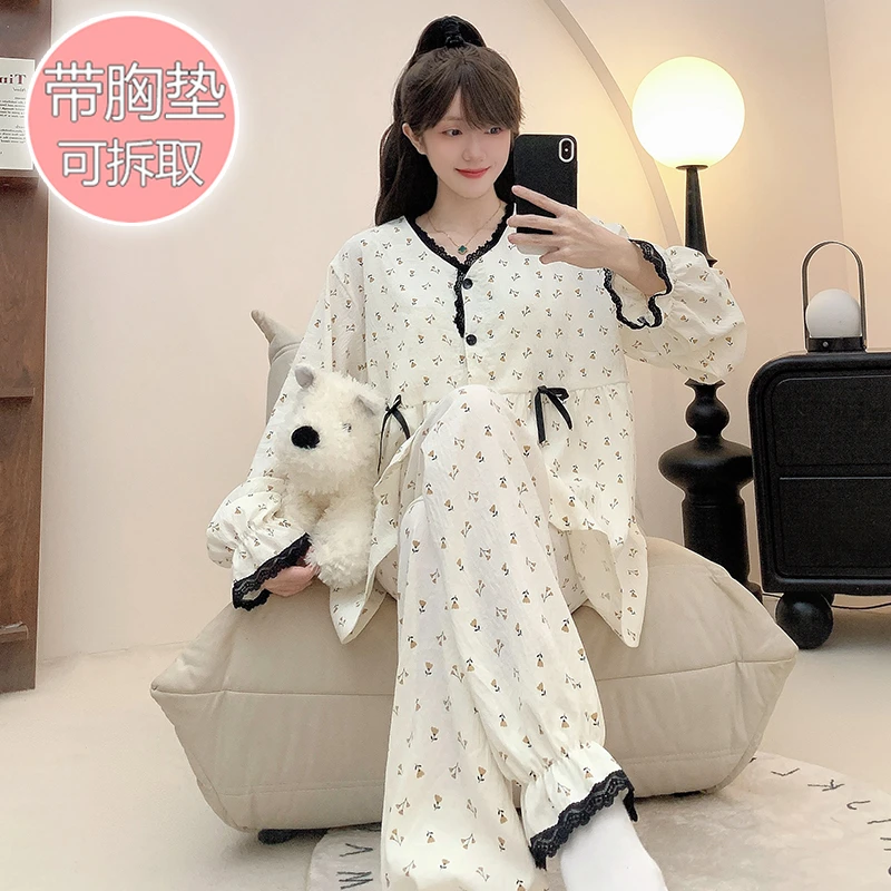 【云朵棉】带胸垫春秋长袖碎花睡衣套装女小香风加大码200斤居家服