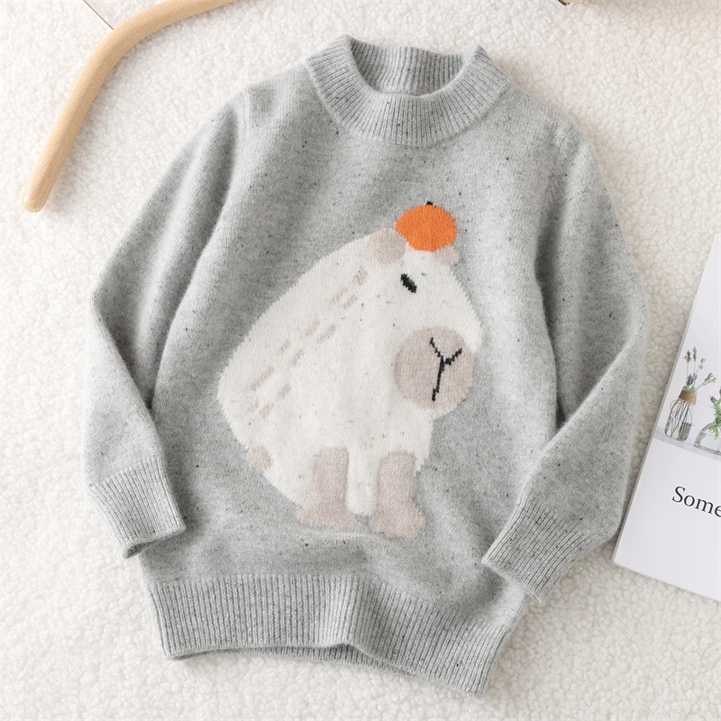 【纯羊毛加厚】卡皮巴拉图案儿童半高领针织毛衣秋冬打底