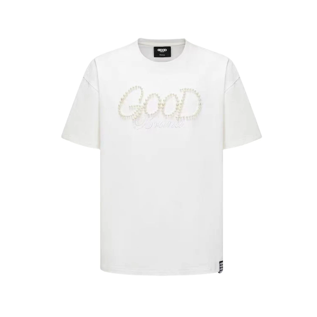 潮牌纯色珍珠字母轻奢高街短袖T恤时尚宽松高级感明星同款T恤