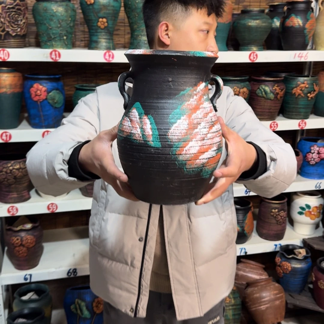 红陶红陶浮雕花盆炸炸炸