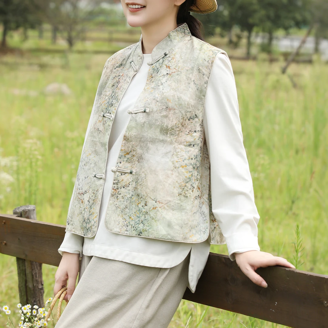 新中式女装秋季新款亚麻马甲女国风复古背心百搭无袖双层外套