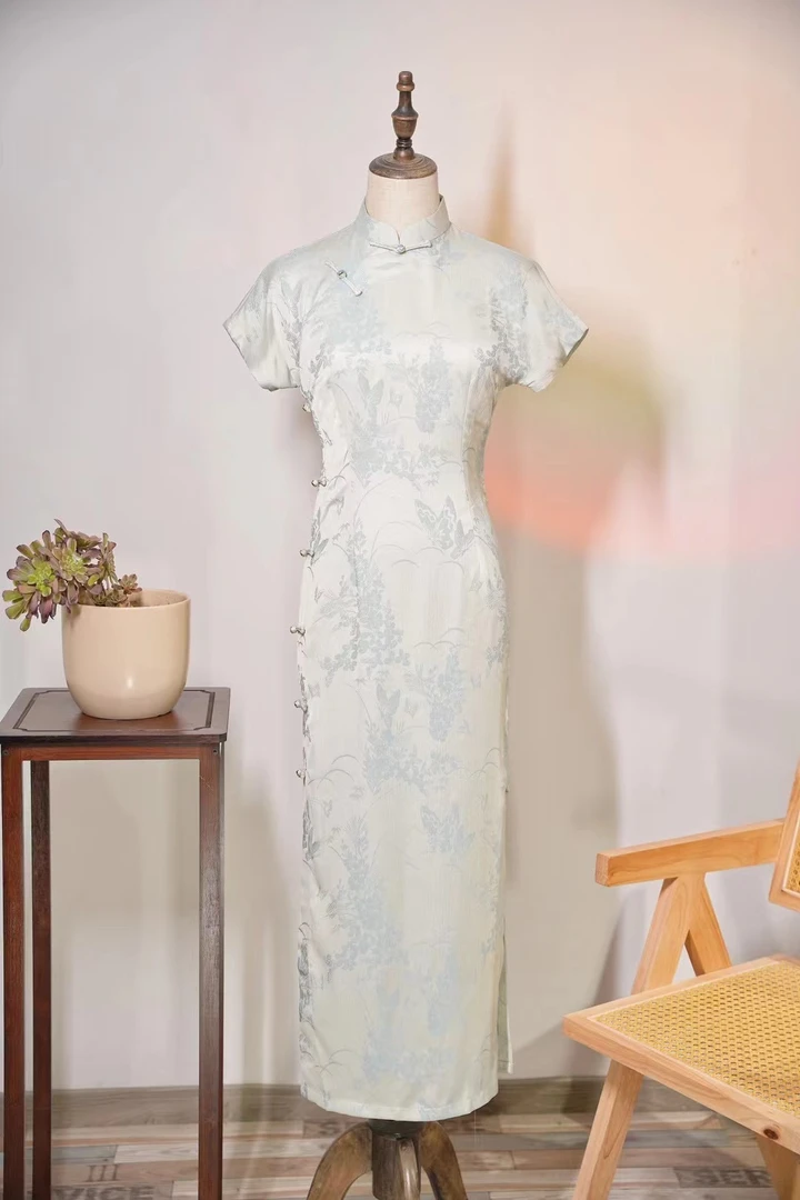 苏曦旗袍《清妍》古法全开天青色新款旗袍女夏改良年轻款少女新中式