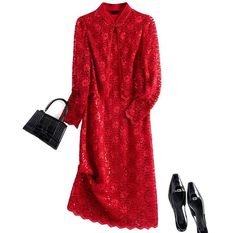 【A961】女士新款时尚高端气质显瘦减龄喜婆婆长袖连衣裙