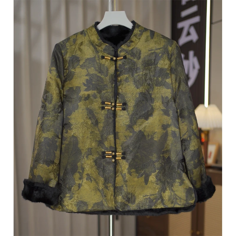 绿荫-1549-冬季加厚保暖女新中式提花刻花上衣棉服外套