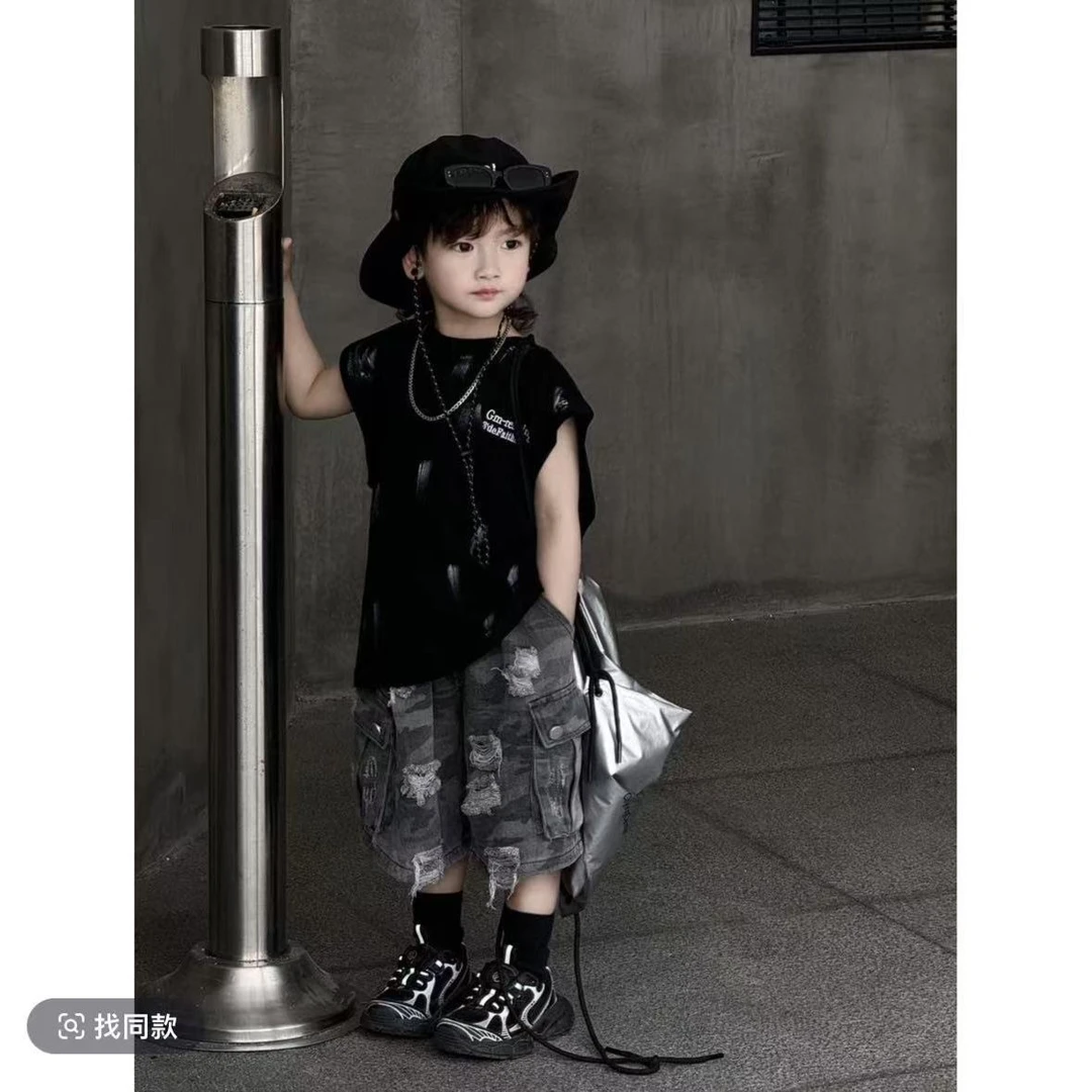 夏季新款儿童韩版潮男童无袖宽松短裤套装T恤两件套时尚百搭